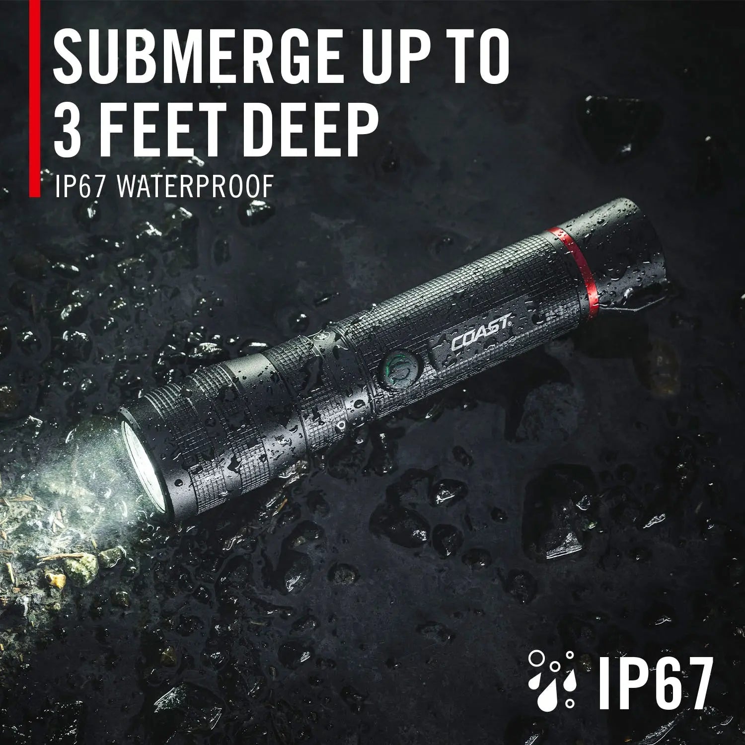 COAST G60R LED Taschenlampe mit IP67 Wasserschutz, wasserdicht bis 1 Meter Tiefe für 30 Minuten, robuste Einsatzleuchte für Outdoor, Camping, Rettungsdienst, Feuerwehr und professionelle Anwendungen bei jedem Wetter.