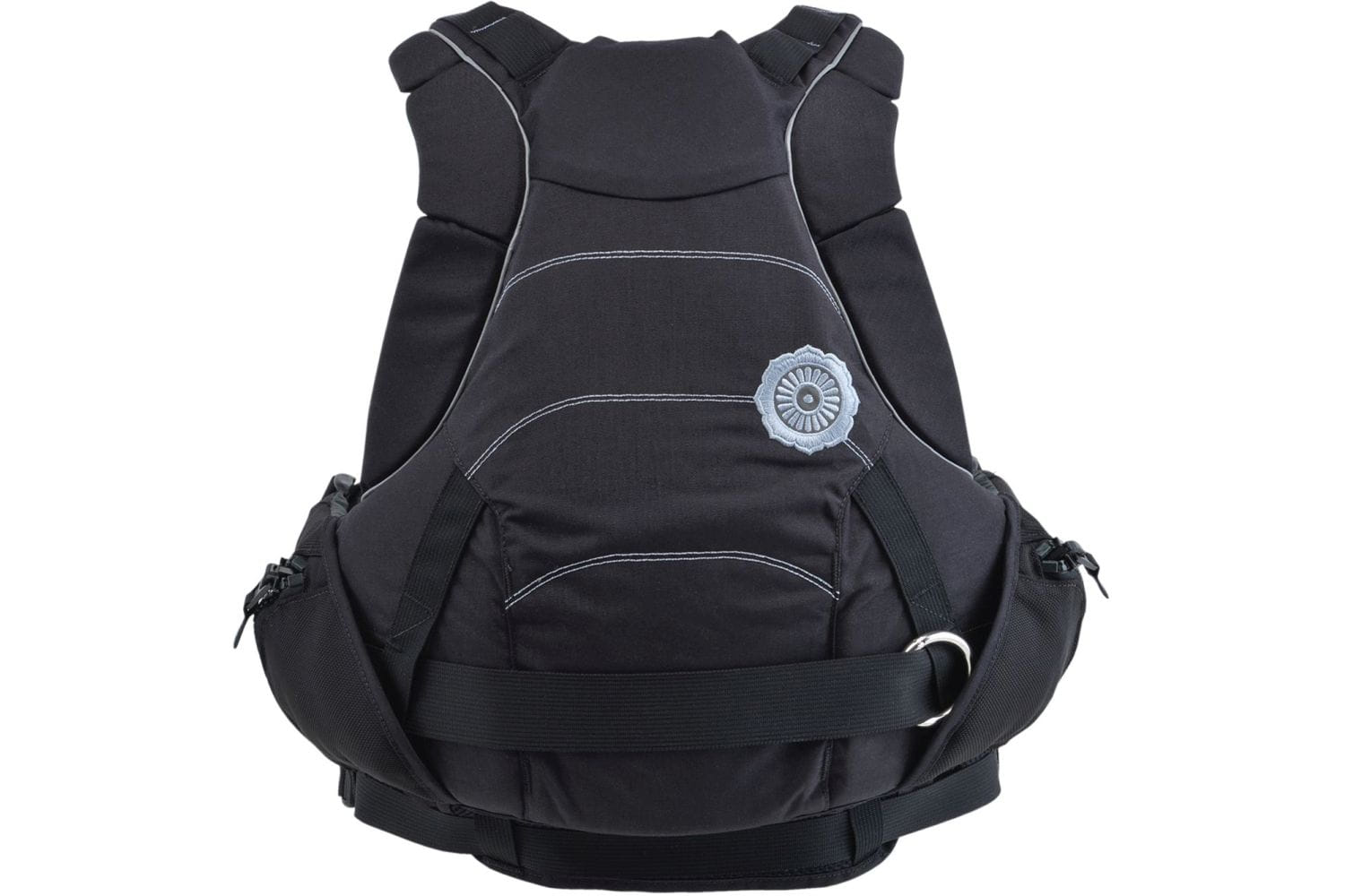 Rückansicht der Astral GreenJacket Rettungsweste in Midnight Black für Strömungsrettung, Wildwasserkajak, Rafting und professionelle Wasserrettung mit integriertem Rettungsgurt und Rescue-Ausstattung.