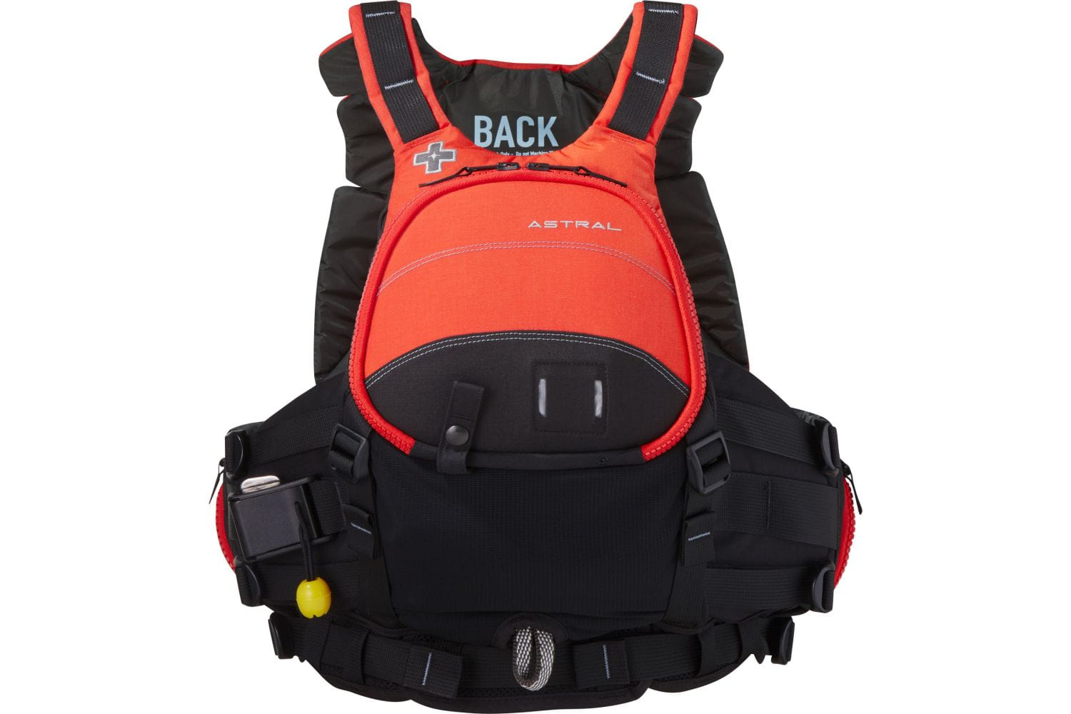 Frontansicht der Astral GreenJacket Rettungsweste in Orange für Wildwasserkajak, Rafting, Kanusport und Rettungseinsätze auf Fließgewässern.