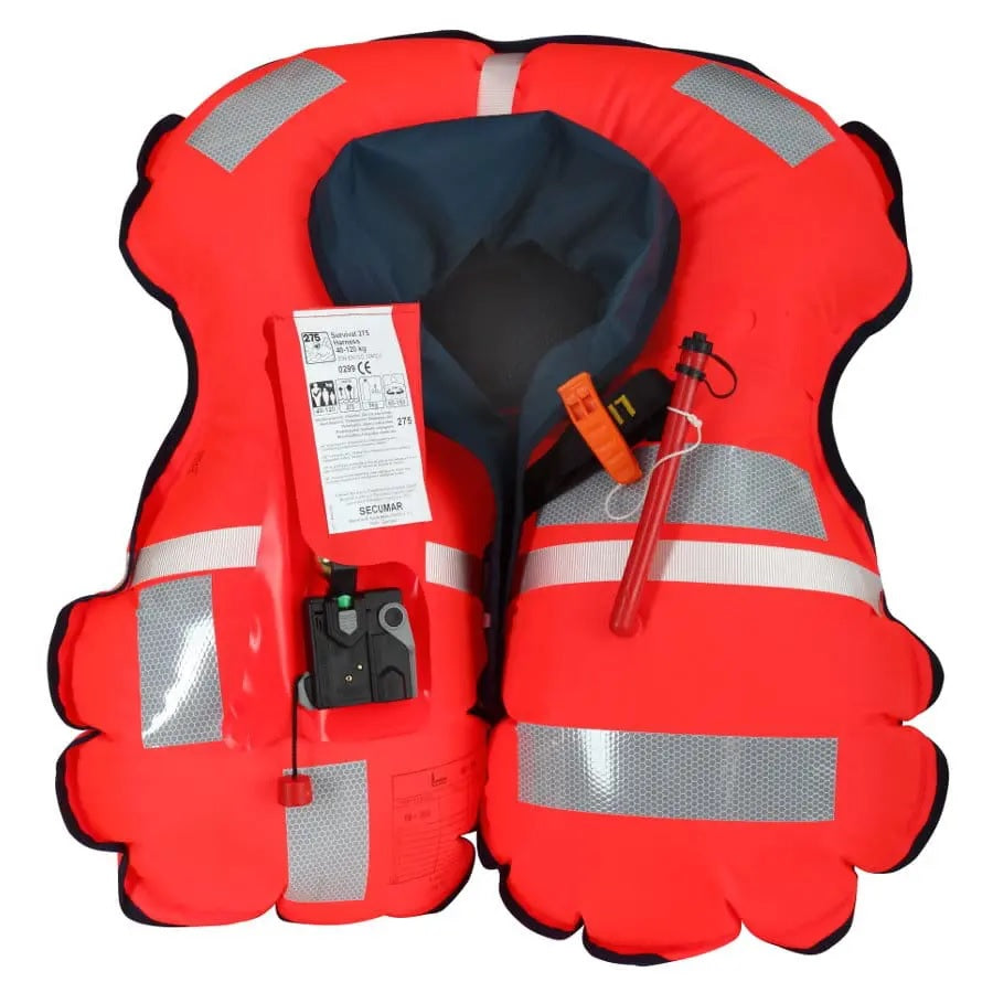 Aufgeblasene automatische Rettungsweste mit 275N Auftrieb, Reflexstreifen, Signalpfeife und integriertem Notfalllicht für Offshore-Einsätze, Segeln, Hochseefahrt und professionellen Wassersport – maximale Sichtbarkeit, Sicherheit und zuverlässiger Auftrieb im Ernstfall.