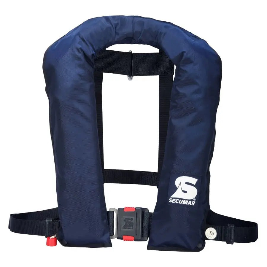 Marineblaue automatische Secumar Rettungsweste mit integriertem Auftriebssystem und verstellbarem Gurt für Segeln, Motorboot, Angeln und Wassersport – kompakte aufblasbare Schwimmweste für zuverlässige Sicherheit und hohen Tragekomfort auf dem Wasser.