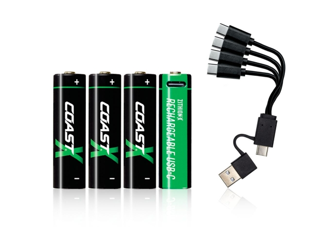 COAST USB-C Akku-Set mit wiederaufladbaren AA-Akkus, Lithium-Ionen-Akku und Multi-Ladekabel für Taschenlampen, Arbeitsleuchten und Outdoor-Ausrüstung