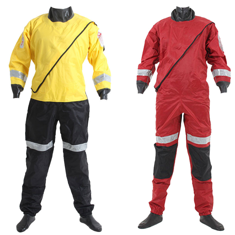 Responder Trockenanzug für Wasserrettung und Feuerwehr in Gelb und Rot – wasserdichter Einsatzanzug für Hochwasserrettung, Strömungsrettung und professionelle Rettungseinsätze.
