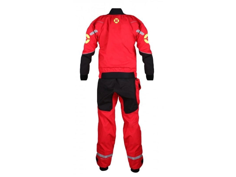 Trockenanzug Hiko Rescue in rot mit Cordura am Gesäß und an den unterarmen mit neongelben Akzenten und reflex