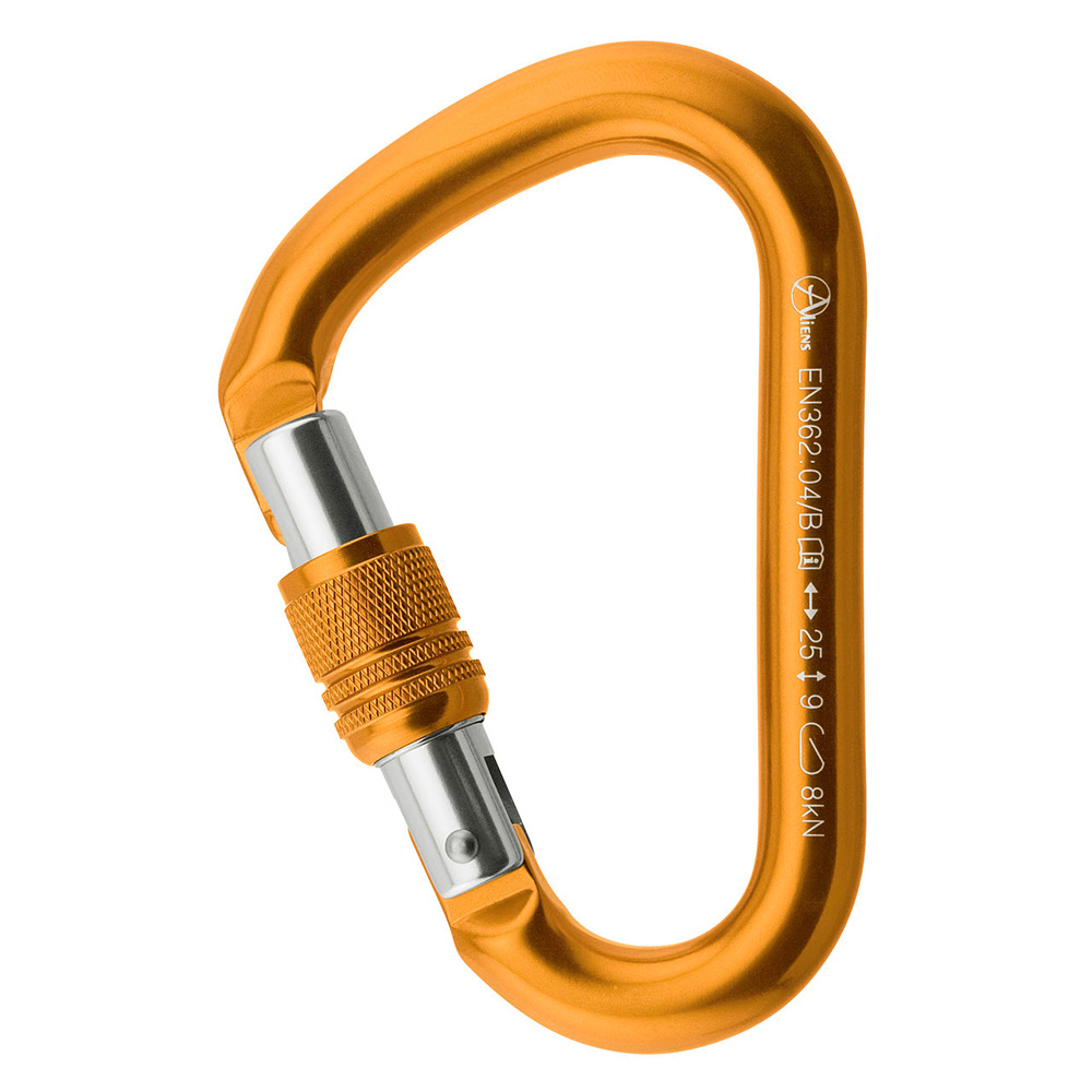 Halbmastwurf Karabiner in gold, mit Drehsicherung. Verschraubung in grau, Karabiner Verschluss in Silber. Das Material ist Aluminium.
