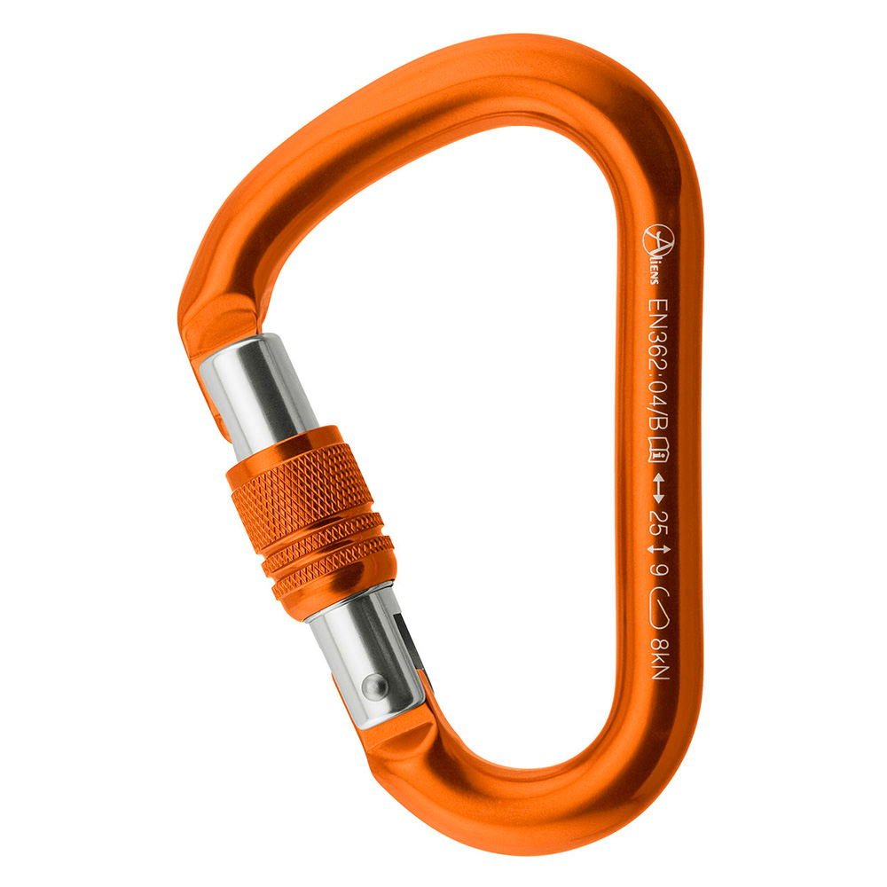 Halbmastwurf Karabiner in orange, mit Drehsicherung. Verschraubung in grau, Karabiner Verschluss in Silber. Das Material ist Aluminium.