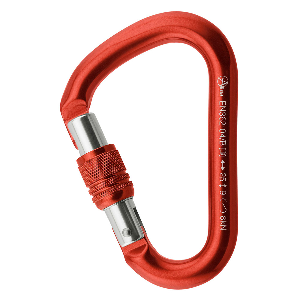 Halbmastwurf Karabiner in rot, mit Drehsicherung. Verschraubung in grau, Karabiner Verschluss in Silber. Das Material ist Aluminium.