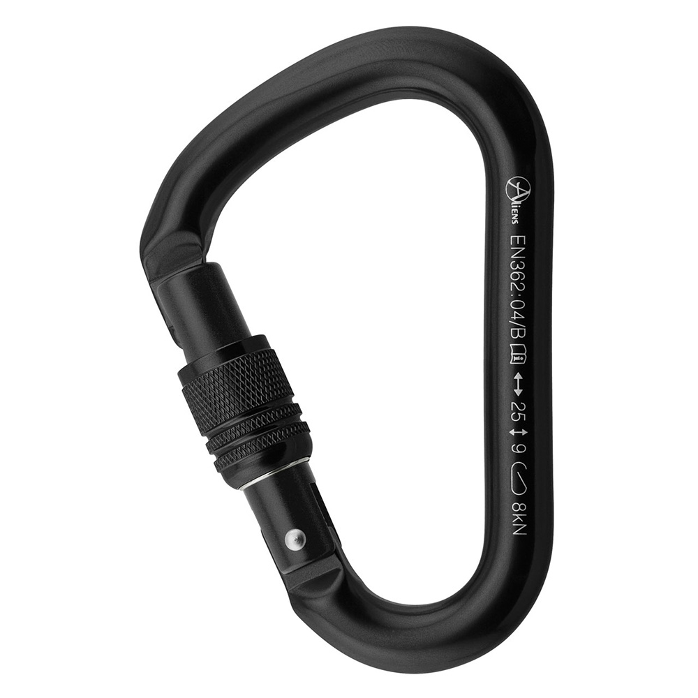 Halbmastwurf Karabiner in schwarz, mit Drehsicherung. Verschraubung in grau, Karabiner Verschluss in Silber. Das Material ist Aluminium.