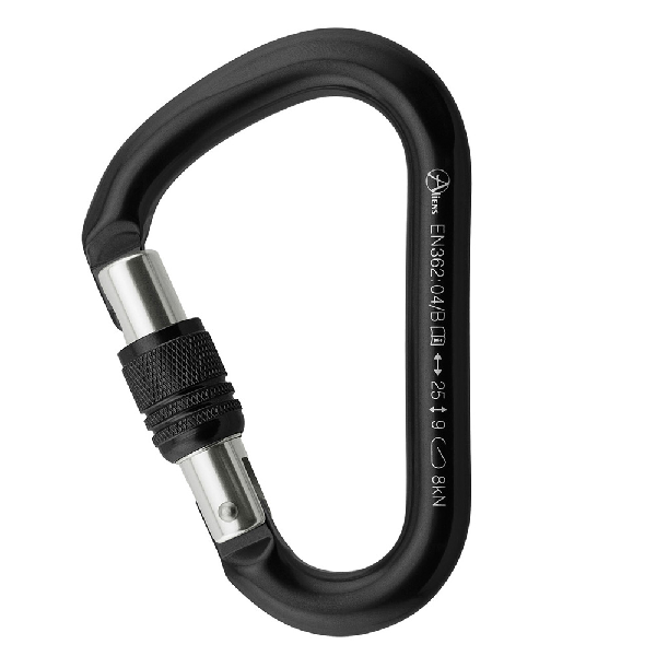 Halbmastwurf Karabiner in grau, mit Drehsicherung. Verschraubung in grau, Karabiner Verschluss in Silber. Das Material ist Aluminium.