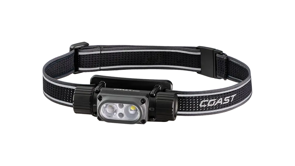 COAST WPH30R wiederaufladbare LED Stirnlampe in Frontansicht mit verstellbarem Kopfband, leistungsstarker Dual-LED-Technologie und robustem Gehäuse. Professionelle Stirnlampe für Outdoor, Camping, Wandern, Trailrunning, Angeln, Feuerwehr, Rettungsdienst und anspruchsvolle Arbeitseinsätze bei Dunkelheit.
