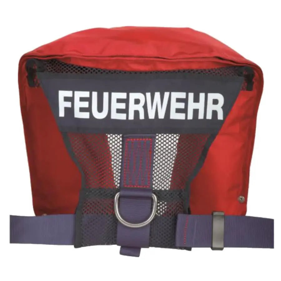 Rückansicht einer Feuerwehr-Rettungsweste mit großem FEUERWEHR-Aufdruck, Bergeschlaufe, Reflexelementen und verstellbarem Hüftgurt für Wasserrettung, Strömungsrettung, Hochwassereinsätze und technische Rettungseinsätze.