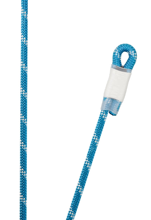 Blaues Kernmantelseil mit vernähter Endschlaufe und verstärkter Seilöse als sicherer Anschlagpunkt für Karabiner, Flaschenzugsysteme und Rettungstechnik. Professionelle Ausrüstung für Strömungsrettung, Wasserrettung, Höhenrettung und technische Rettungseinsätze.