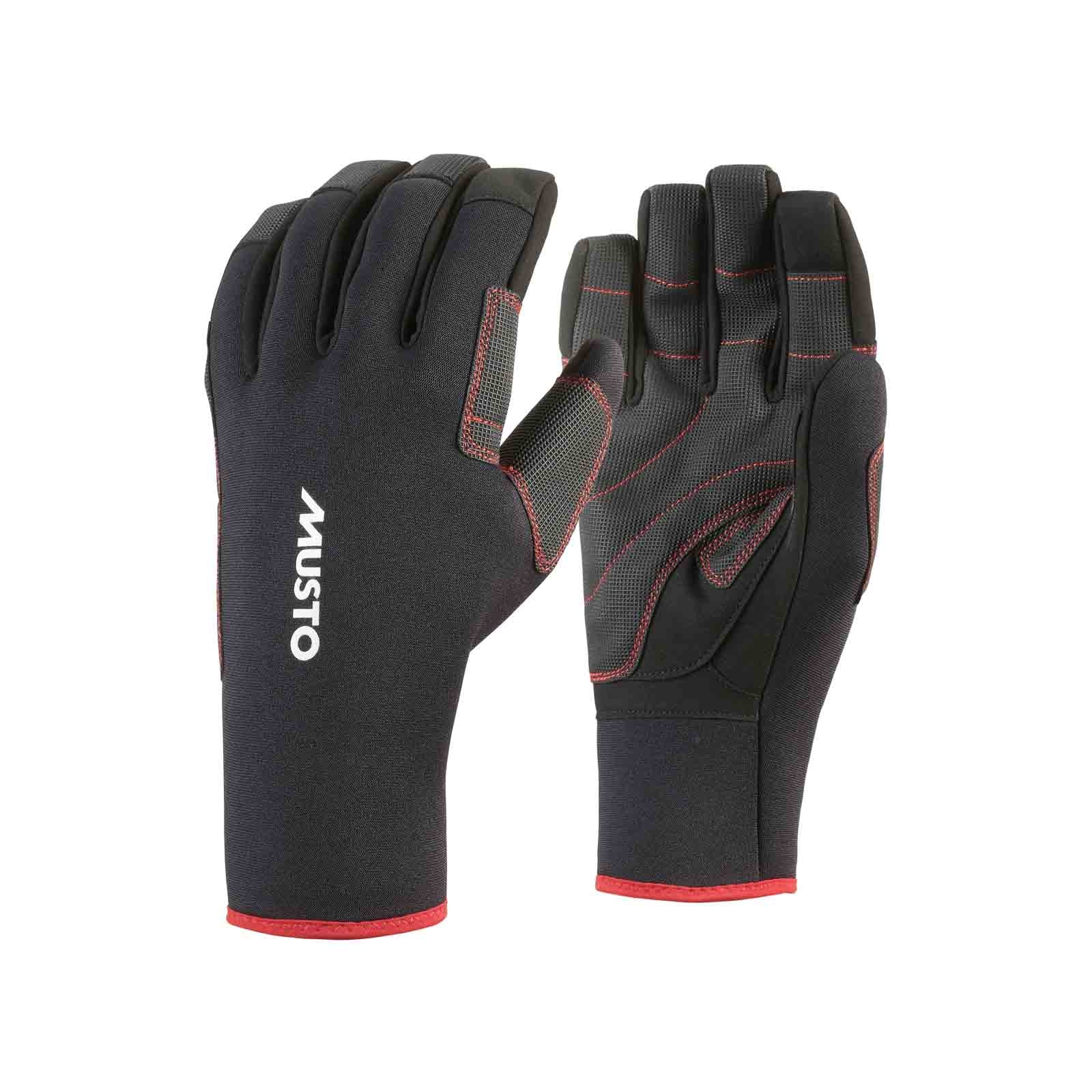 Schwarze Musto Neoprenhandschuhe mit vorgeformter Passform und griffiger Innenhand für Segeln, Wasserrettung, Paddelsport, Bootseinsätze und Arbeiten bei kalten und nassen Bedingungen.