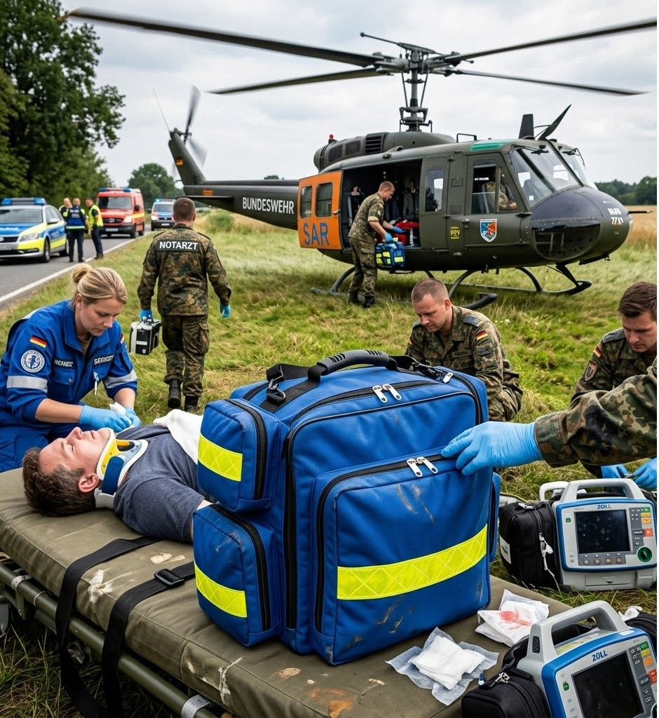 Notfallrucksack Kassel bei einer SAR-Luftrettung mit Rettungshubschrauber, Notarztteam und medizinischer Patientenversorgung im Rettungseinsatz