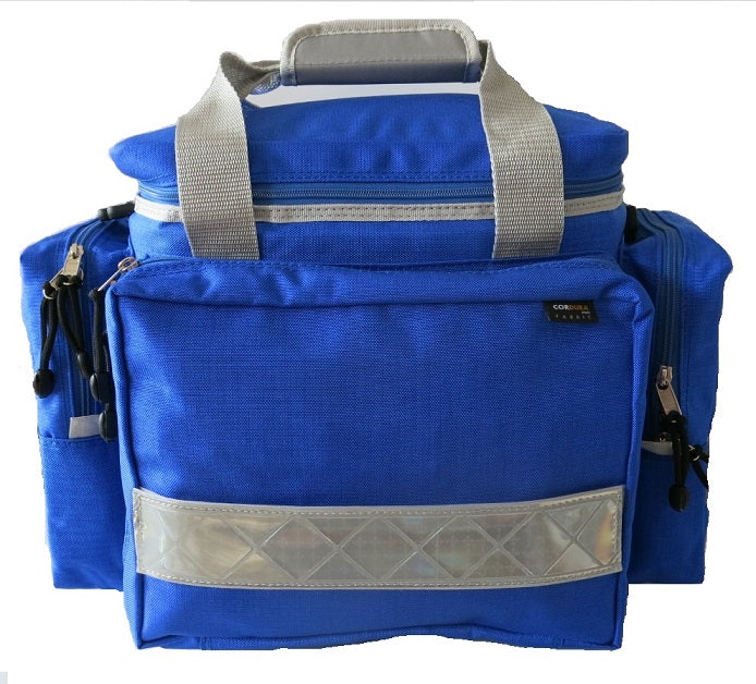 Blaue Notfalltasche aus robustem Cordura mit reflektierenden Elementen und Außentaschen für Rettungsdienst, Notfallmedizin und Sanitätsdienst