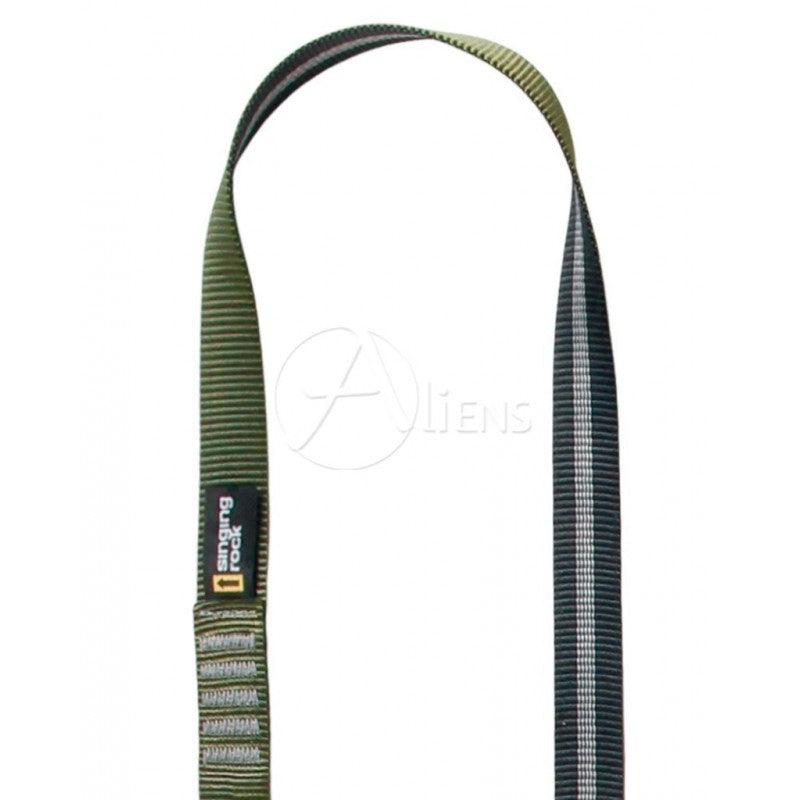 Detailansicht der olivgrünen Open Sling Rundschlinge 25 mm mit verstärkten Sicherheitsnähten und strapazierfähigem Polyamid-Gurtband