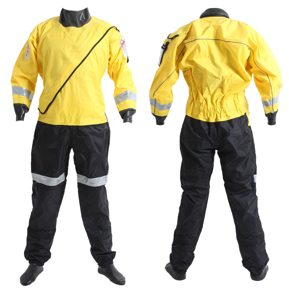 Responder Trockenanzug in Gelb und Schwarz mit Front- und Rückenansicht – professioneller Einsatzanzug für Wasserrettung, Strömungsrettung, Hochwasserschutz und Feuerwehr im BOS-Einsatz.