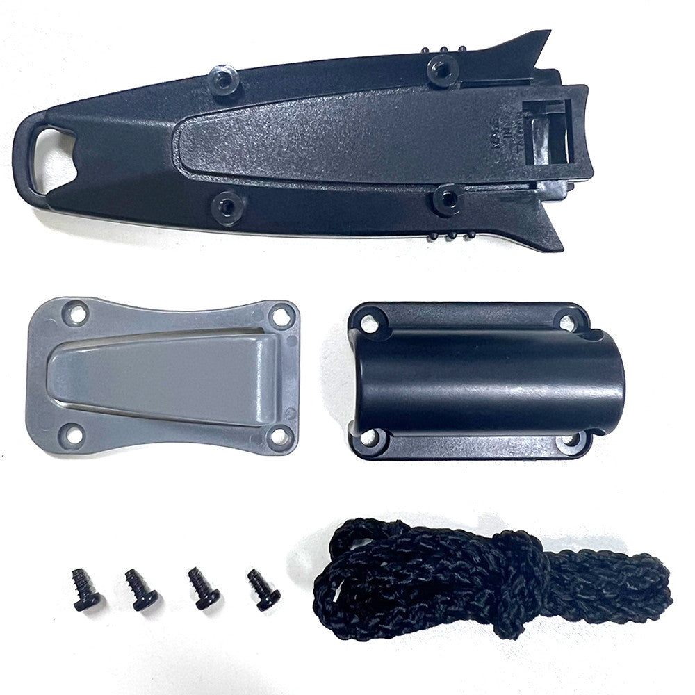 Komplettes Befestigungsset für Rettungsmesser mit Kunststoffscheide, Gürtelclip, Adapterplatte, Montageschrauben und Sicherungsleine zur sicheren Befestigung an Feuerwehr-, Rettungsdienst- und Wasserrettungsausrüstung.