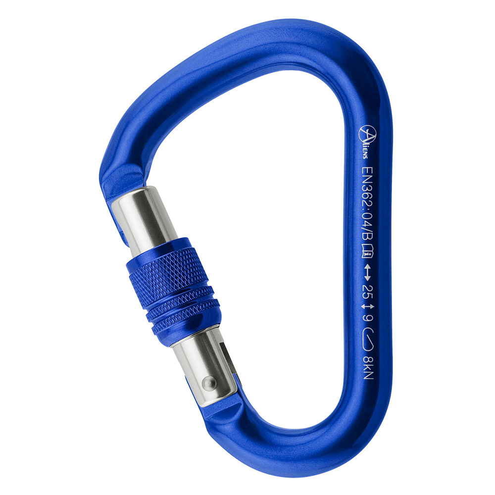 Halbmastwurf Karabiner in blau, mit Drehsicherung. Verschraubung in grau, Karabiner Verschluss in Silber. Das Material ist Aluminium.