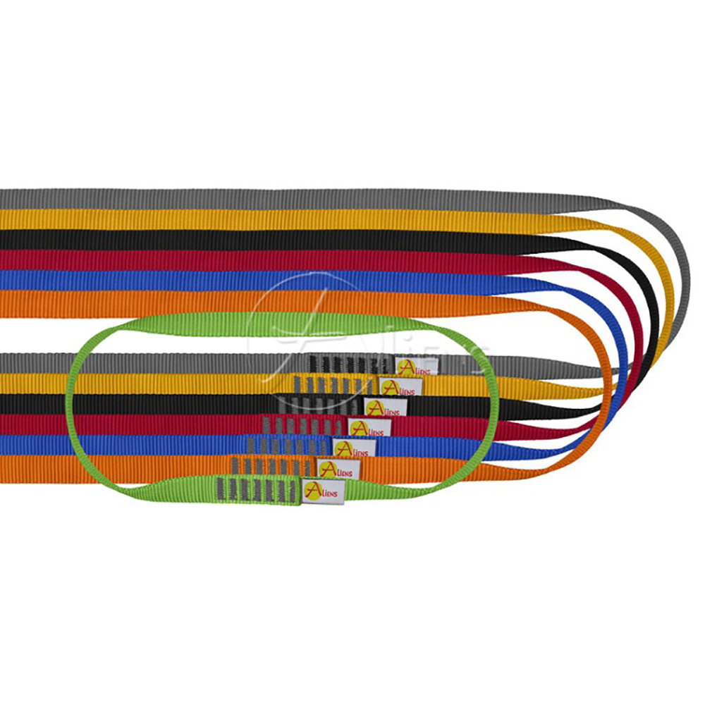 Alle Bandschlingen von der Seite, von hinten grau, gelb, schwarz, rot, blau, orange, grün.